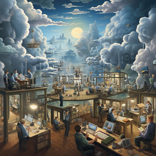 High Resolution: Multilevel office spaces float within white clouds under moonlit silvery glow download. | HRJPG.com