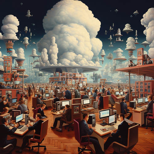 cosmic office desks suspended amidst fluffy clouds in vast spacelike night environment