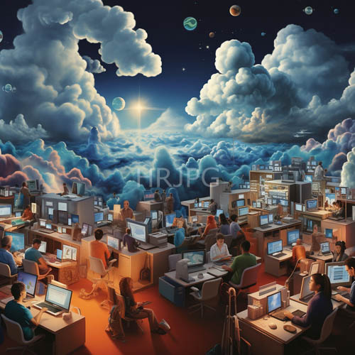 floating desks amidst clouds and celestial bodies under glowing sunlight