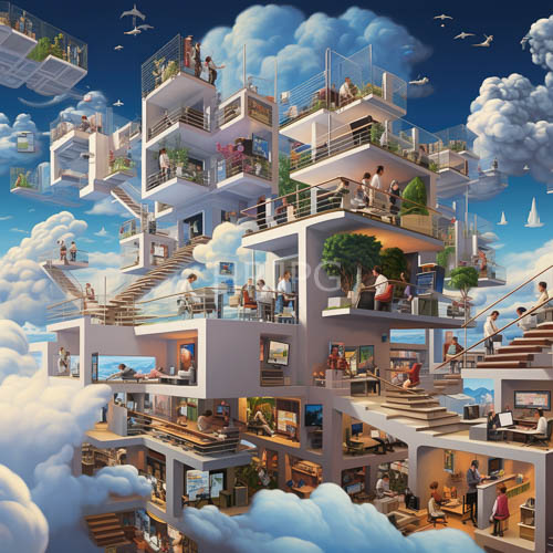 High Resolution: Modernist Skyscrapers Ascend Through Fluffy Clouds Amidst AvianFilled Blue Sky download. | HRJPG.com