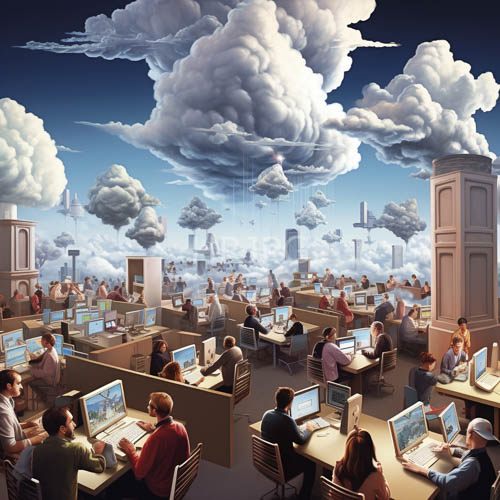 diverse employees suspended amidst fluffy clouds tall skyscrapers and office equipment