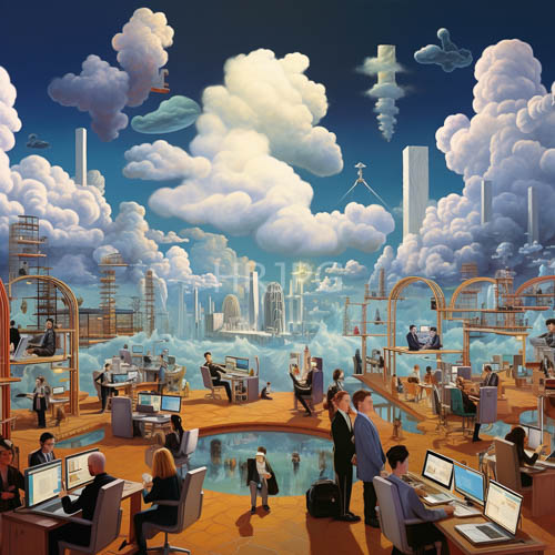 clouddrifting desks and chairs in futuristic highaltitude office environments