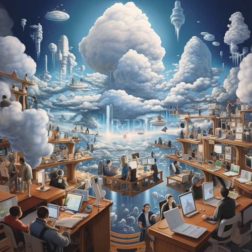 cloudbound employees work amidst planetary light in a nocturnal hightech workspace