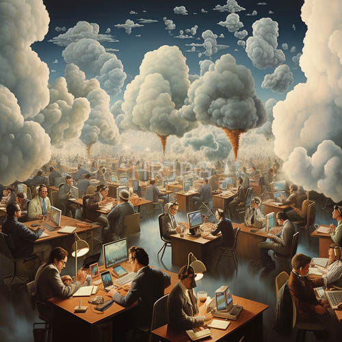 men in dark suits amidst cumulus clouds underneath towering skies framed by blue horizons