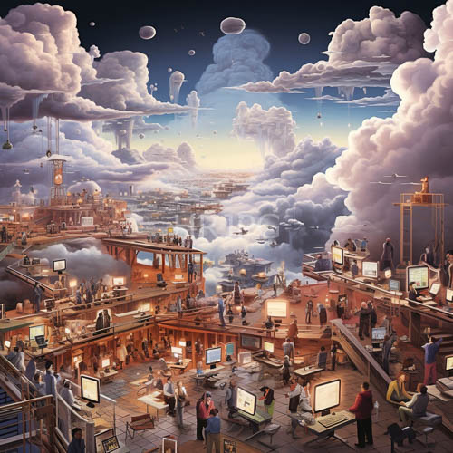 High Resolution: Floating city platforms amidst fluffy clouds and glowing lunar bodies during sunrise download. | HRJPG.com