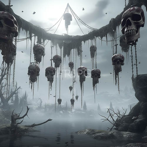 skulls suspended from twisted tree branches amidst eerie fogshrouded watery landscape scenery