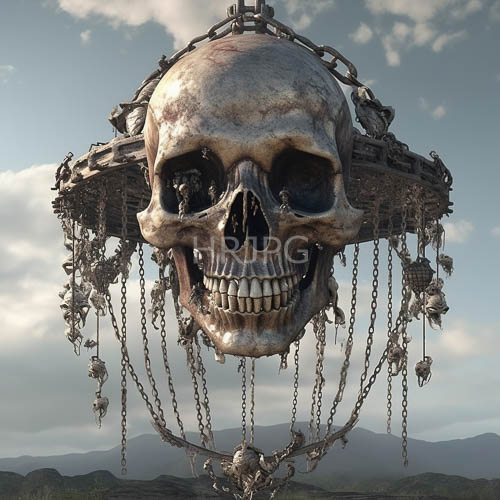 mountainous terrain fissured skulls dangle in chains amidst cloudy peaks