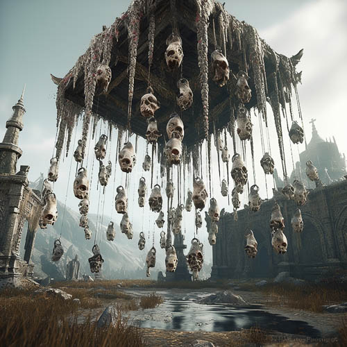 eerie skulls sway amidst crumbling gothic ruins in gray marshland reflections