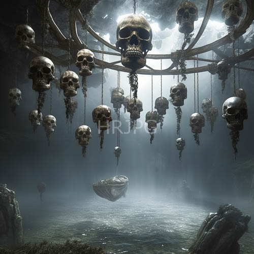 High Resolution: Misty Chambers Display Skulls of Varied Decay Suspended from Heavy Wooden Beams Under Somber Illumination download. | HRJPG.com