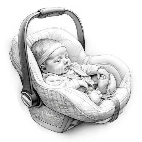 sleeping newborn in padded stroller with detailed textures on clean white background