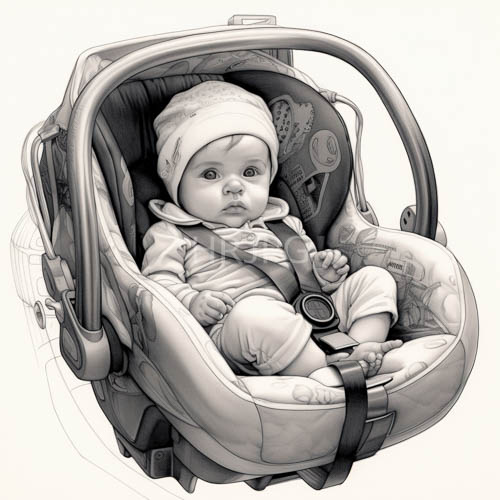 modern childs carriage with intricate fabric patterns and mechanical lines