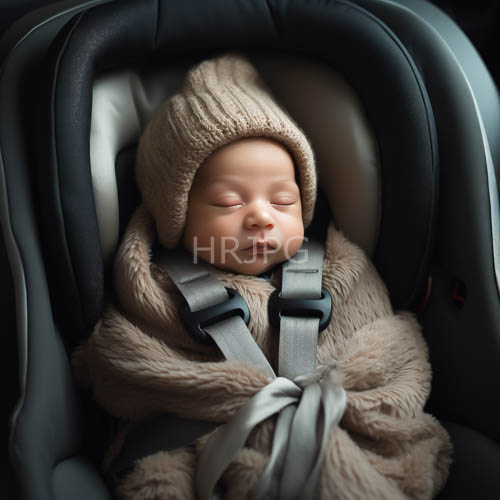 beige knitted hats and plush blankets envelop sleeping baby in dark gray car seat interior