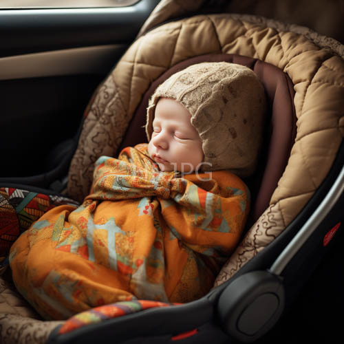 High Resolution: Sleeping newborn swaddled in patterned orange and green blanket amidst earth tones download. | HRJPG.com