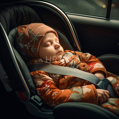 sleeping infant wrapped in floral patterned onesies in black car seat interior