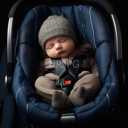 newborn in dark blue padded stroller with red accents and knit textures