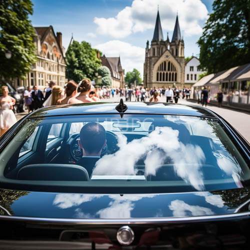 cars reflect fluffy clouds against gothic church facade on sundrenched street