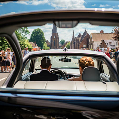 vintage car wedding with bride and groom anticipation and festive crowd outside