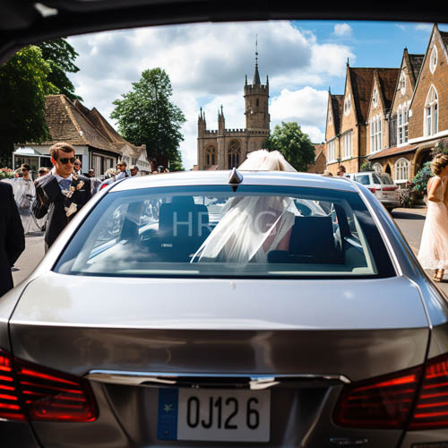 High Resolution: Silver car reveals veiled wedding party on sunny street amidst historic architecture download. | HRJPG.com