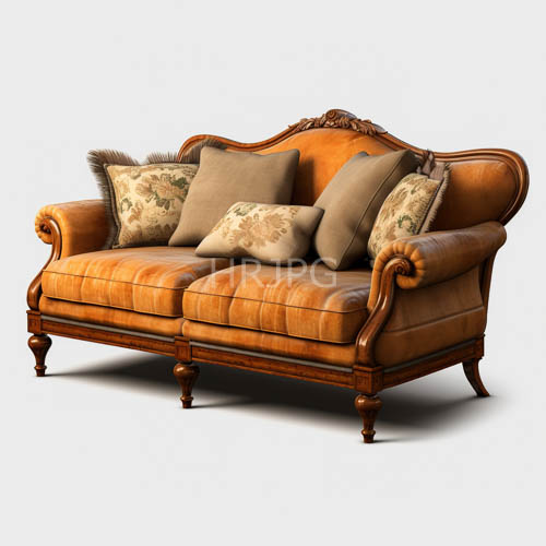 vintage leather sofa with ornate wood and decorative pillows in a crisp white setting