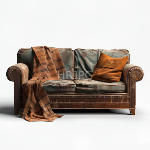 vintage leather sofa with faded blue patches and wooden legs in a cozy home setting