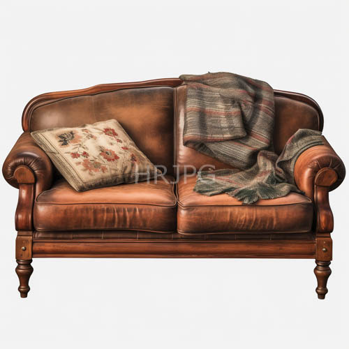 High Resolution: Antique Leather Sofa with Floral Cushion and Plaid Blanket in Cozy Living Room Setting download. | HRJPG.com