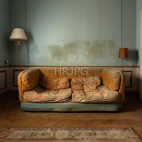 vintage velvet sofas define faded floral patterns in weathered domestic spaces