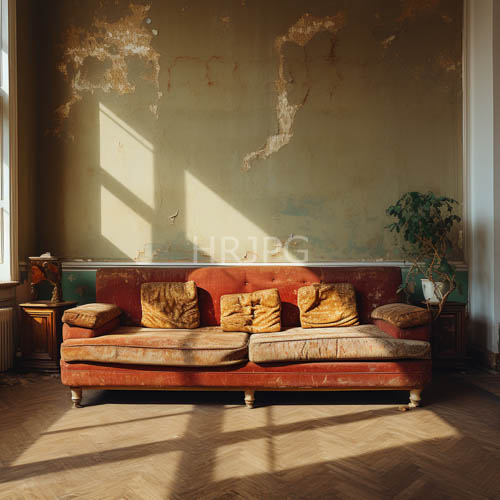 red velvet couches showcase faded yellow and brown patterns in peeling greenishyellow wallpaper and worn wooden tables