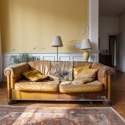 aged leather sofas sit in front of pale yellow walls with cracked paint and wainscoting