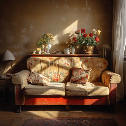 antique floralpatterned sofas with beige and red cushions set against sunlit brown textured walls create a cozy inviting living space