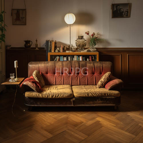 worn brown leather sofas amidst patterned pillows on herringbonestyle floorboards in dark woodpaned rooms