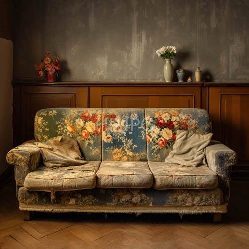 faded domestic elegance in worn blue sofas against wooden paneling