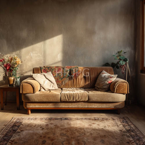 High Resolution: Vintage Beige Sofas Amidst Patterned Blankets in Sunlit Modern Living Spaces download. | HRJPG.com