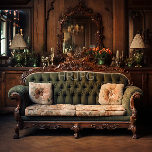 luxurious decor showcases ornate velvet sofas with intricately framed mirrors