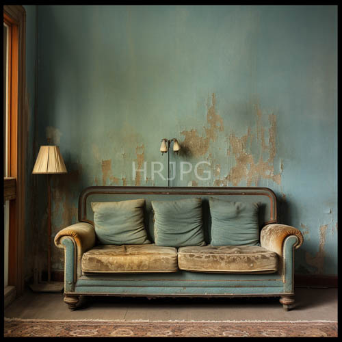 weathered velvet sofas against faded teal wall in rustic room with ambient light