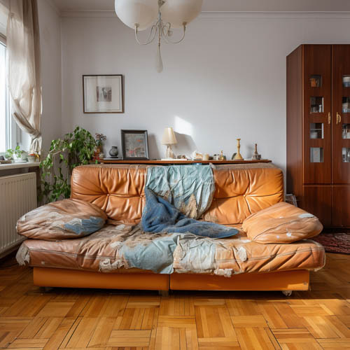 vintage wood furniture surrounds worn leather couch in cozy eclectic living room setting