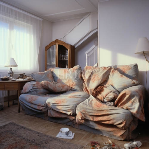 morning light filters through sheer white curtains into livedin floral patterned living room space