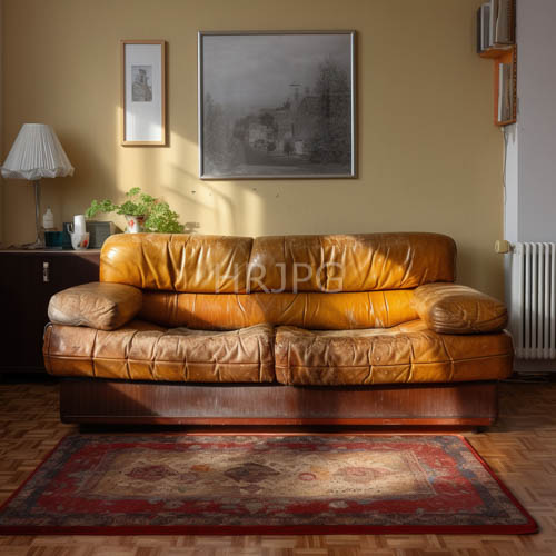 High Resolution: Mustardyellow leather sofas occupy worn parquet floor amidst beige walls and framed pictures download. | HRJPG.com
