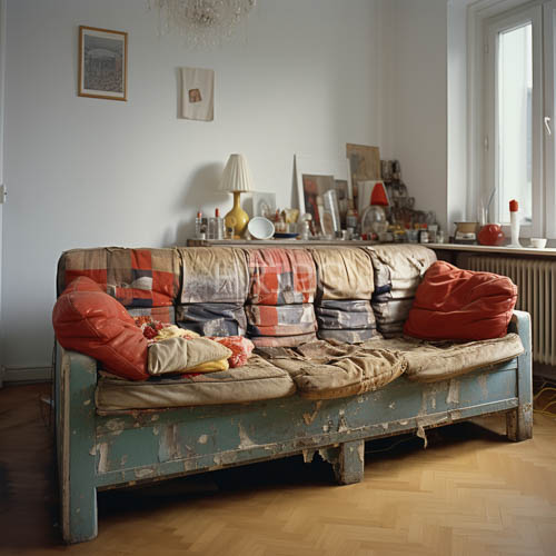 eclectic living room with blue green wooden sofas and patchwork upholstery in a cluttered space