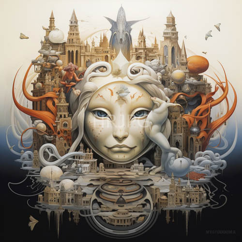 ethereal paleskinned faces amidst gothic architecture with floating orange ribbons and orbs