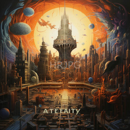 gothic skyscraper spires rise above grid patterned streets during orange sunsets