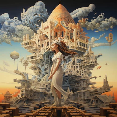fantastical cityscape of floating architecture and ornate wooden planks
