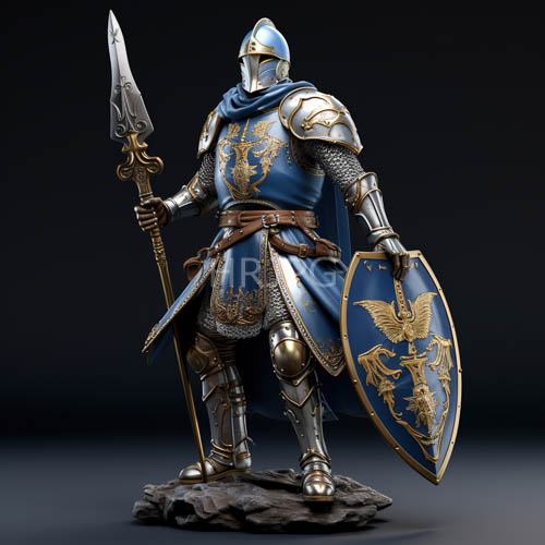 High Resolution: Medieval Knights Stand on Rocky Terrain Clad in Blue Cloaks with Golden Eagle Emblems download. | HRJPG.com