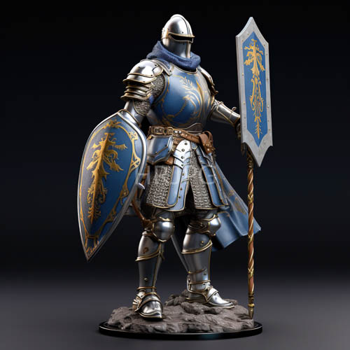 knight in silver plate armor amidst jagged rocky terrain and harsh light