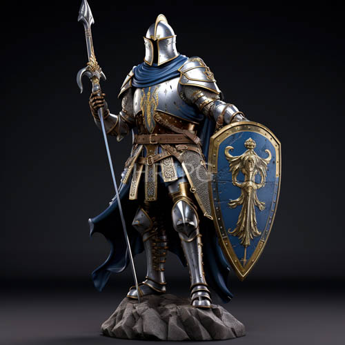 knight in silver armor with gold accents on rocky terrain