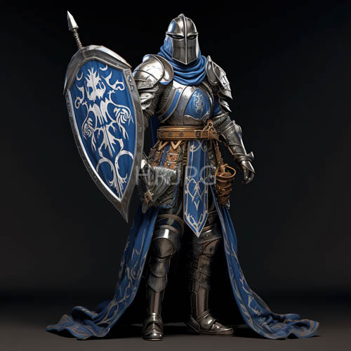 silver plate armor with blue cloth accents and white floral patterns adorns a standing knight