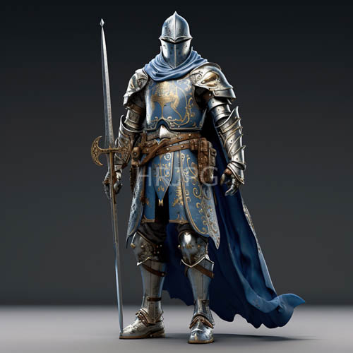medieval knight in ornate silver armor with blue velvet and gold floral accents