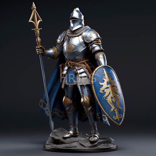 knights armor and dragon emblem in metallic chainmail skirt against dark background