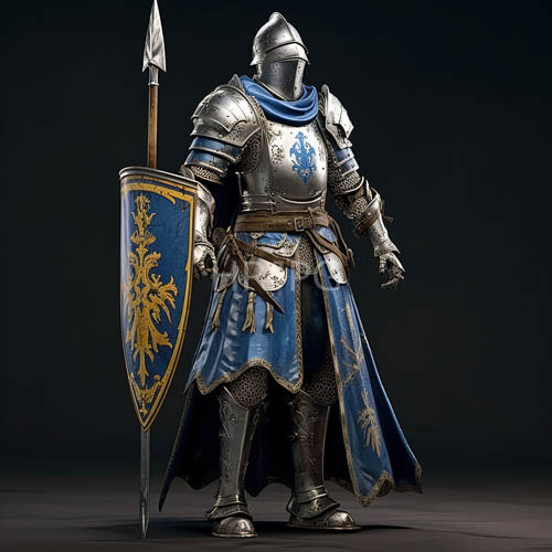 medieval knight in ornate silver plate armor with velvet cloaks and floral patterns on battlescarred background