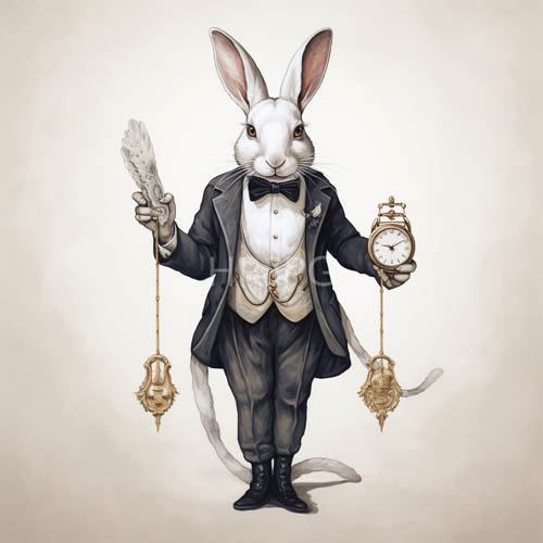 formal rabbit in tuxedo and cream shirt studying with quill and clock in study setting