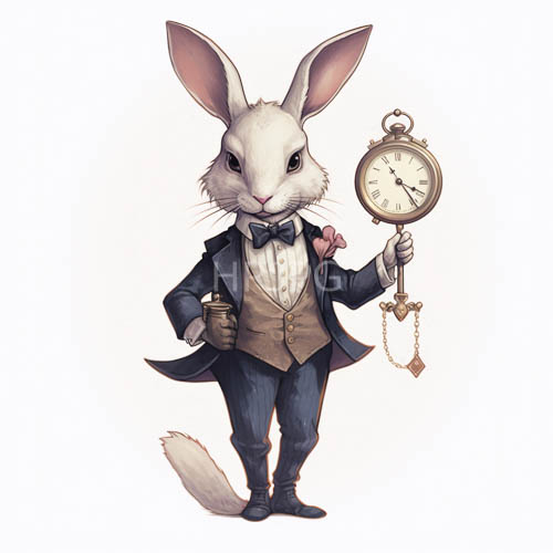formal victorian rabbit in dark attire with pocket watch and pink rose boutonniere